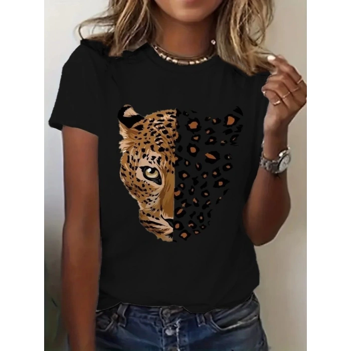 Kadın Kısa Kollu Bisiklet Yaka Desenli Viskon Bluz