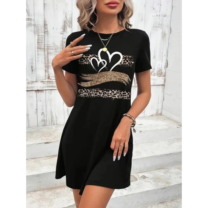 Kadın Kısa Kollu Bisiklet Yaka Desenli Viskon Elbise