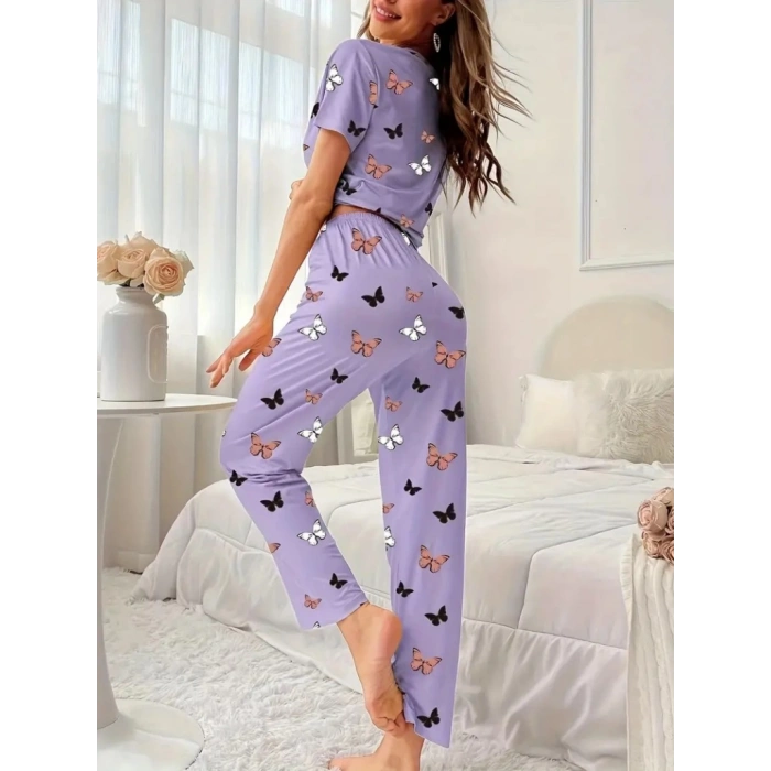 Kadın Kısa Kollu Bisiklet Yaka Kelebek Baskılı Süprem Ikili Takım