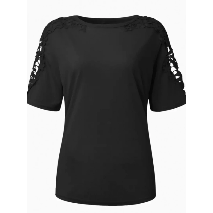 Kadın Kısa Kollu Bisiklet Yaka Kolları çiçekli Güpür Detay Viskon Bluz