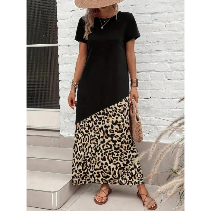 Kadın Kısa Kollu Bisiklet Yaka Leopar Detaylı Midi üst Viskon Alt Süprem Elbise