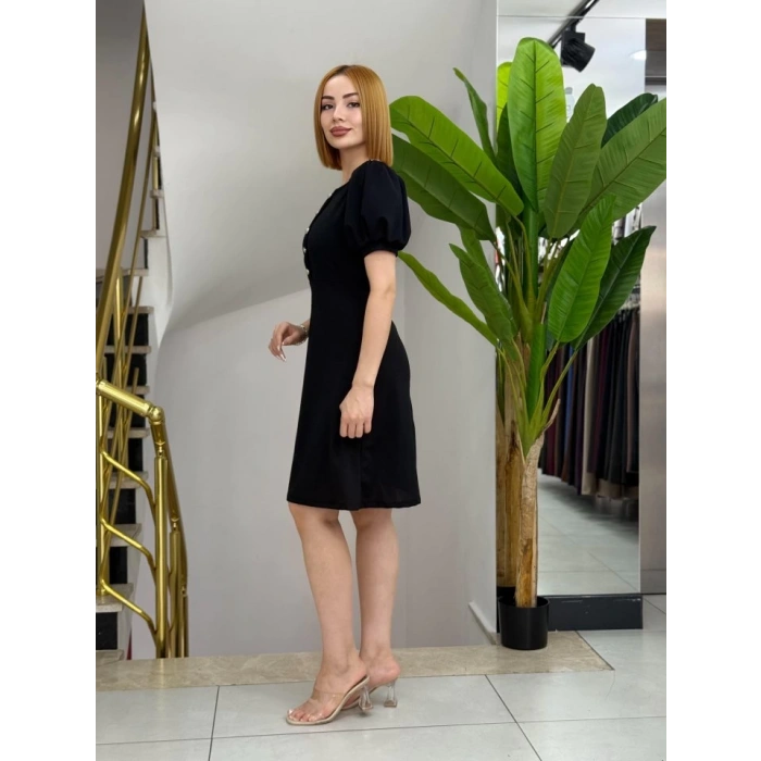 Kadın Kısa Kollu Bisiklet Yaka önden Düğmeli Ithal Krep Elbise