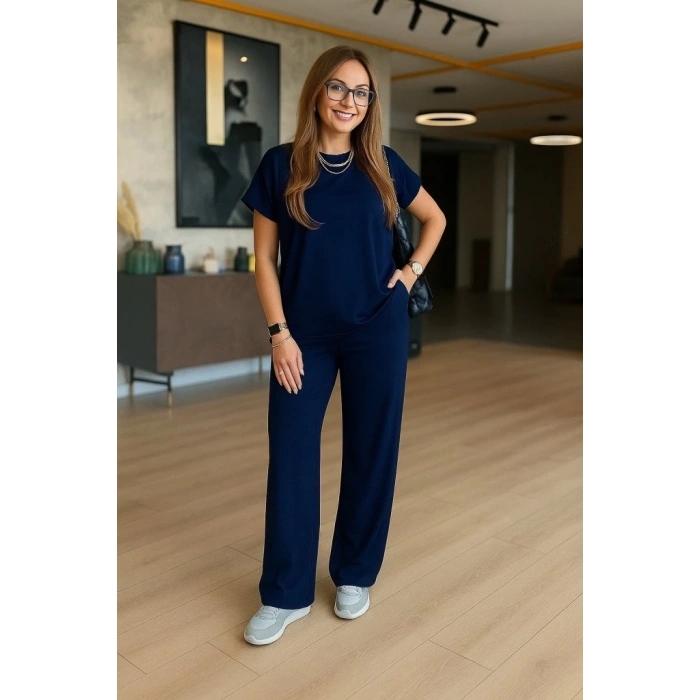 Kadın Kısa Kollu Bisiklet Yaka Viskon Iki Iplik Bluz Ve Pantolon Ikili Takım