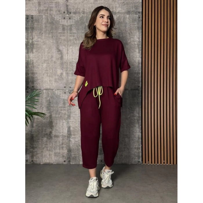 Kadın Kısa Kollu Bisiklet Yaka Viskon Iki Iplik Bluz Ve Pantolon Ikili Takım