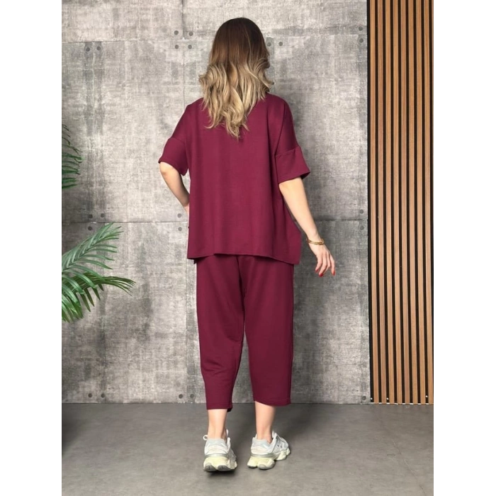 Kadın Kısa Kollu Bisiklet Yaka Viskon Iki Iplik Bluz Ve Pantolon Ikili Takım