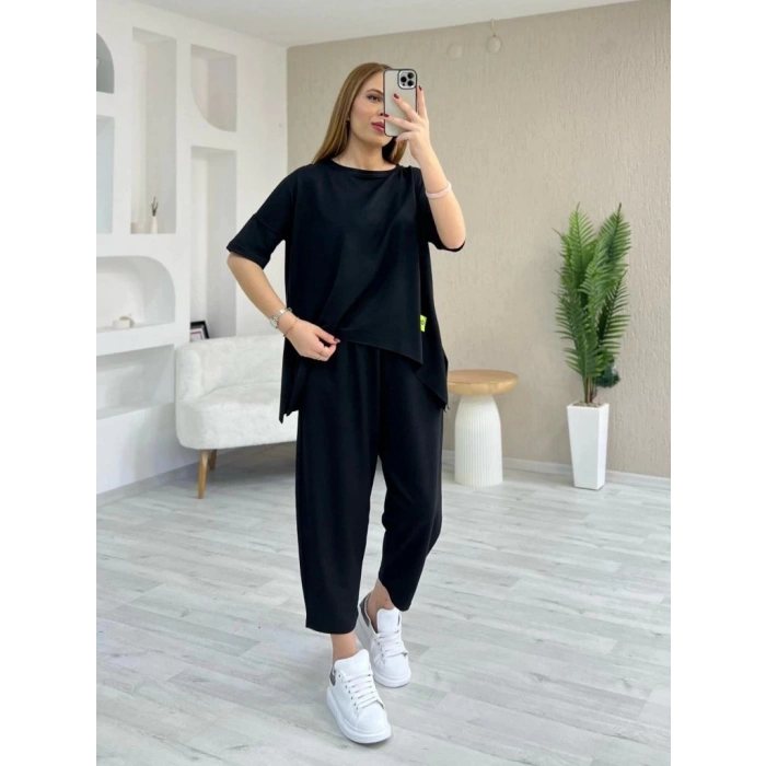 Kadın Kısa Kollu Bisiklet Yaka Viskon Iki Iplik Bluz Ve Pantolon Ikili Takım