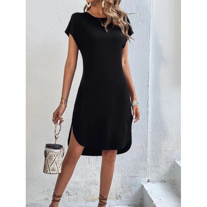 Kadın Kısa Kollu Bisiklet Yaka Viskon Iki Iplik Elbise
