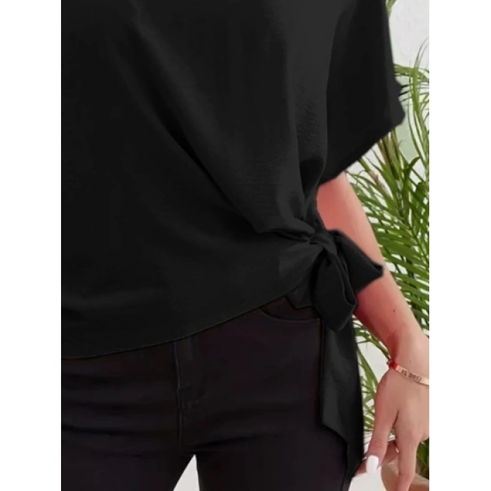 Kadın Kısa Kollu Bisiklet Yaka Yandan Bağlamalı Aerobin Bluz