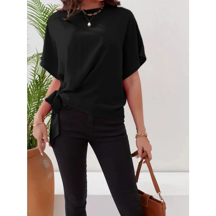 Kadın Kısa Kollu Bisiklet Yaka Yandan Bağlamalı Aerobin Bluz