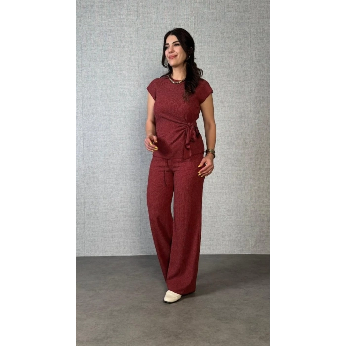 Kadın Kısa Kollu Bisiklet Yaka Yandan Bağlamalı Bürümcük Bluz Ve Pantolon Ikili Takım