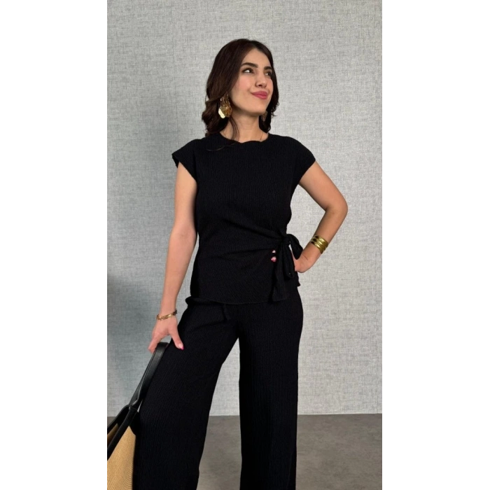 Kadın Kısa Kollu Bisiklet Yaka Yandan Bağlamalı Bürümcük Bluz Ve Pantolon Ikili Takım