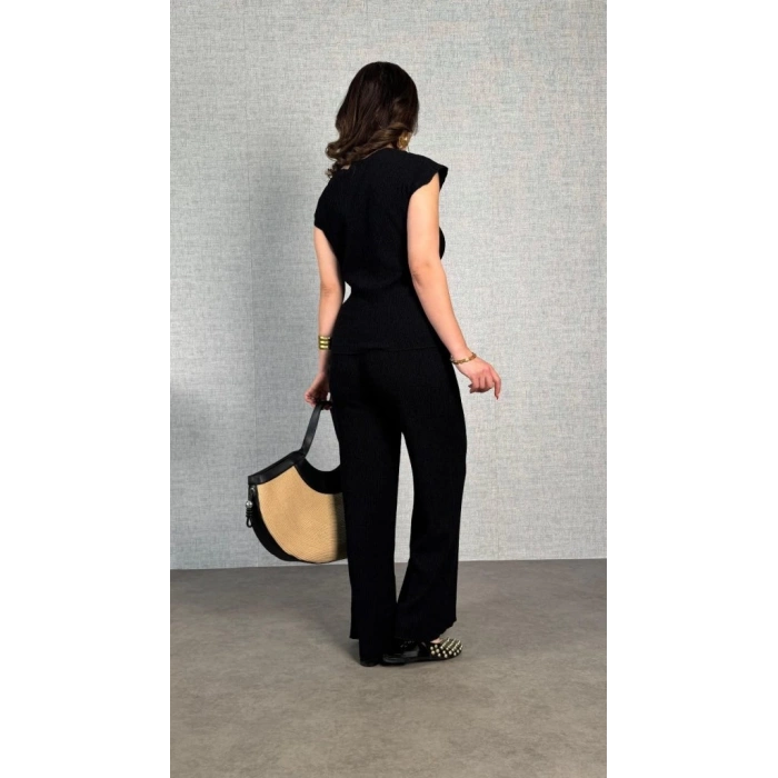 Kadın Kısa Kollu Bisiklet Yaka Yandan Bağlamalı Bürümcük Bluz Ve Pantolon Ikili Takım