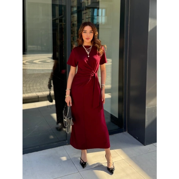 Kadın Kısa Kollu Bisiklet Yaka Yandan Bağlamalı Viskon Iki Iplik Elbise