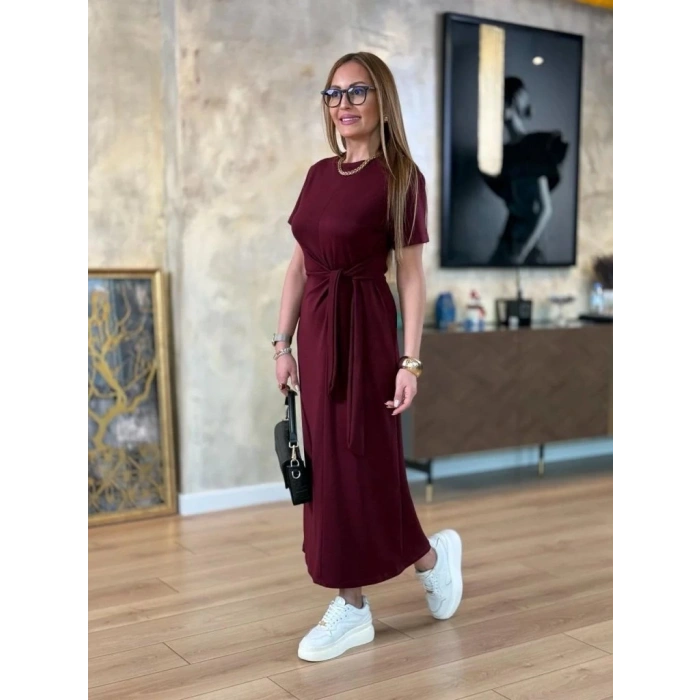 Kadın Kısa Kollu Bisiklet Yaka Yandan Bağlamalı Viskon Iki Iplik Elbise