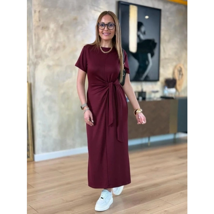 Kadın Kısa Kollu Bisiklet Yaka Yandan Bağlamalı Viskon Iki Iplik Elbise