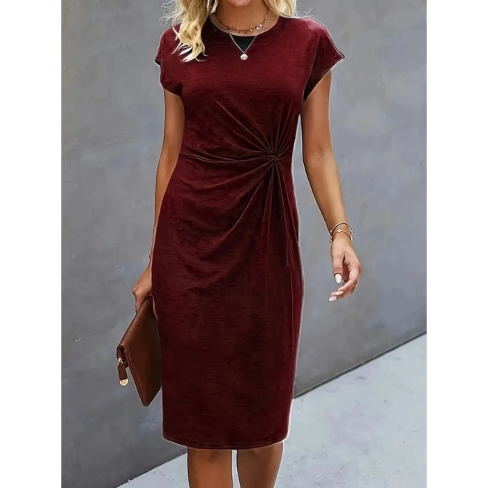 Kadın Kısa Kollu Bisiklet Yaka Yandan Büzgülü Midi Viskon Elbise