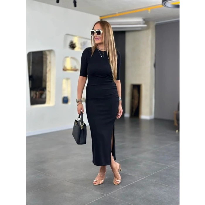 Kadın Kısa Kollu Bisiklet Yaka Yandan Yırtmaçlı Viskon Iki Iplik Elbise