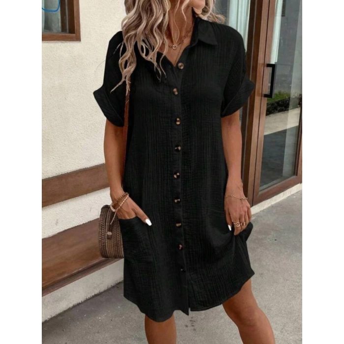 Kadın Kısa Kollu Bisiklet Yaka Yandan Yırtmaçlı Viskon Midi Elbise