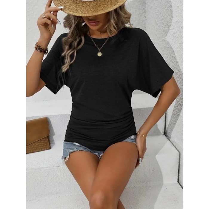 Kadın Kısa Kollu Bisiklet Yaka Yanları Büzgü Detay Yarasa Kol Viskon Bluz