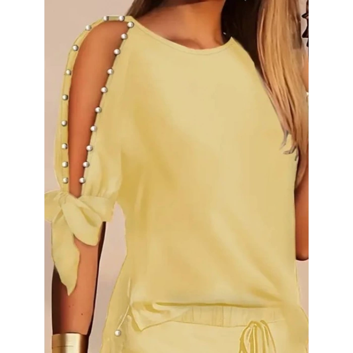 Kadın Kısa Kollu Bisiklet Yaka Yarı Açık Omuz Inci Detaylı Short T-shirt Viskon Ikili Takım