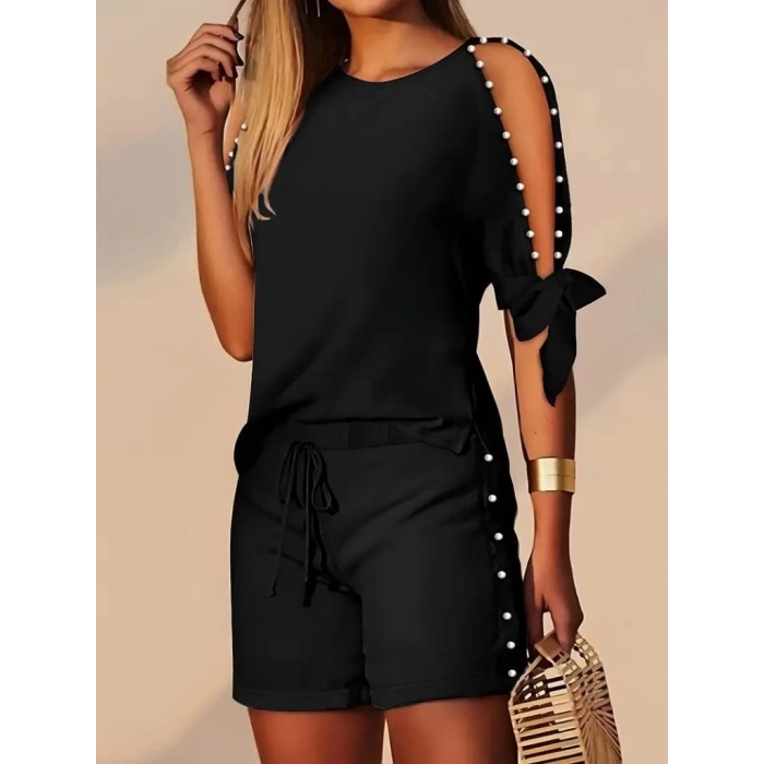 Kadın Kısa Kollu Bisiklet Yaka Yarı Açık Omuz Inci Detaylı Short T-shirt Viskon Ikili Takım