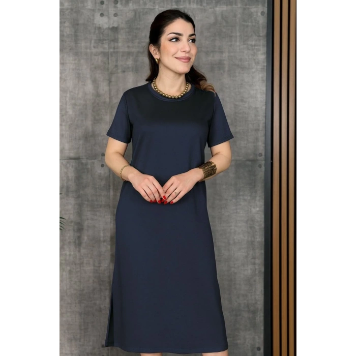 Kadın Kısa Kollu Bisiklet Yaka Yırtmaçlı Viskon Iki Iplik Elbise