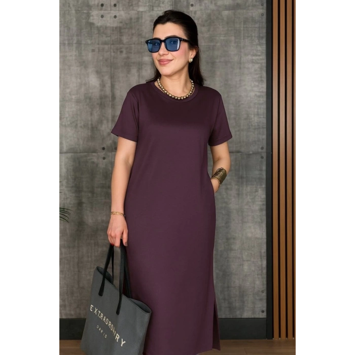 Kadın Kısa Kollu Bisiklet Yaka Yırtmaçlı Viskon Iki Iplik Elbise