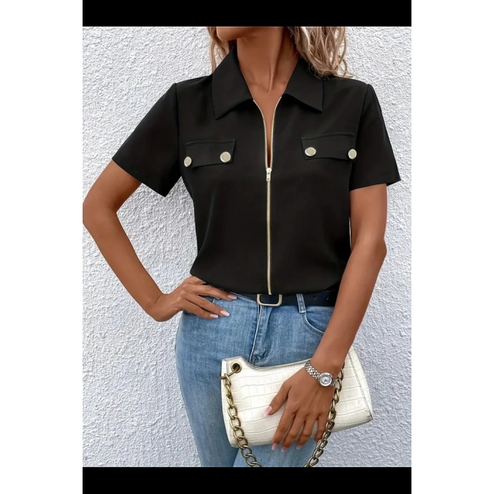 Kadın Kısa Kollu Ceket Yaka önü Fermuarlı Cep Detay Kısa Kol Ithal Krep Bluz