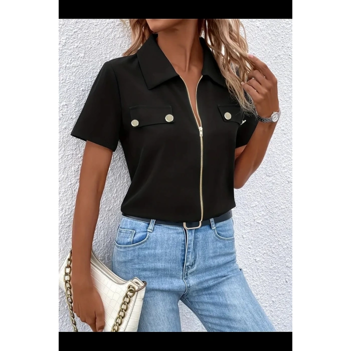 Kadın Kısa Kollu Ceket Yaka önü Fermuarlı Cep Detay Kısa Kol Ithal Krep Bluz