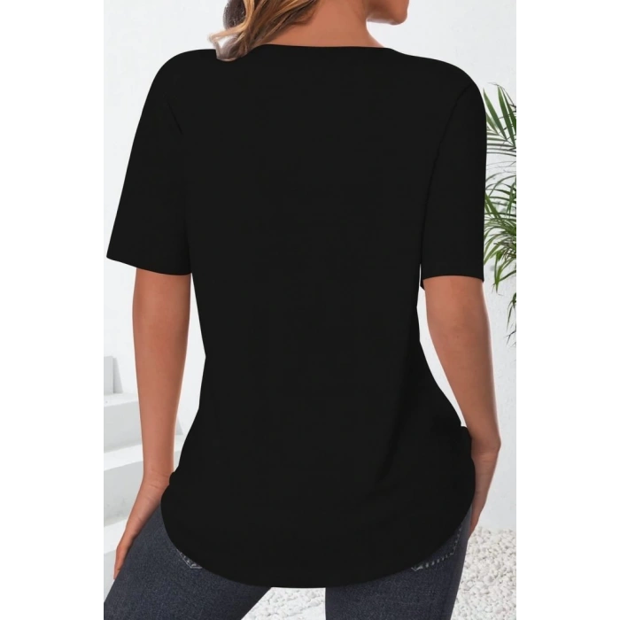 Kadın Kısa Kollu çentikli V Düğme Detaylı V Yaka önden Pileli Ithal Keten Bluz