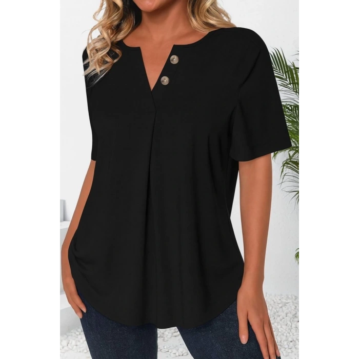 Kadın Kısa Kollu çentikli V Düğme Detaylı V Yaka önden Pileli Ithal Keten Bluz