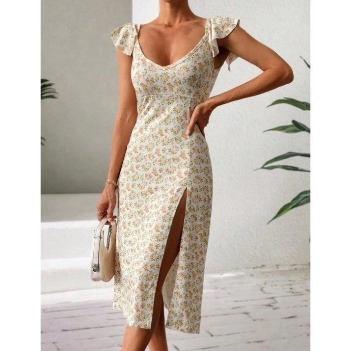 Kadın Kısa Kollu çiçek Desen Yırtmaçlı Süprem Elbise