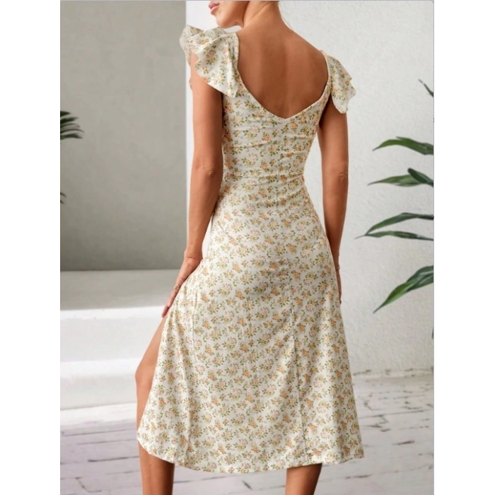 Kadın Kısa Kollu çiçek Desen Yırtmaçlı Süprem Elbise