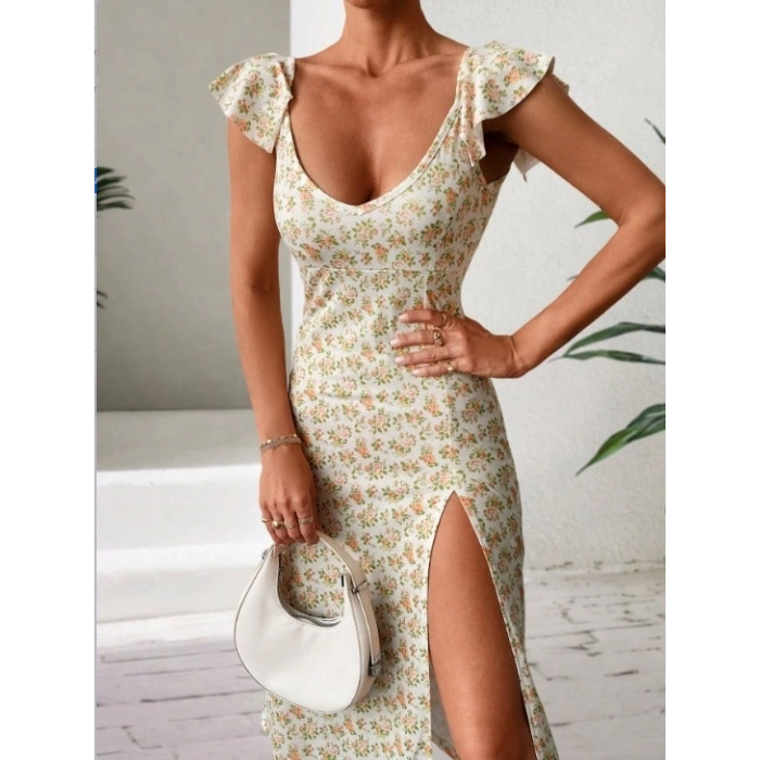 Kadın Kısa Kollu çiçek Desen Yırtmaçlı Süprem Elbise