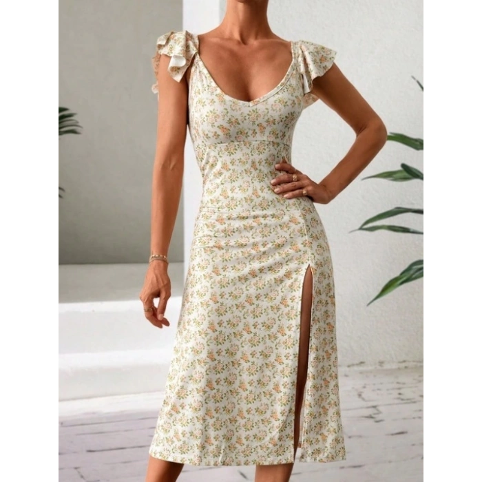 Kadın Kısa Kollu çiçek Desen Yırtmaçlı Süprem Elbise