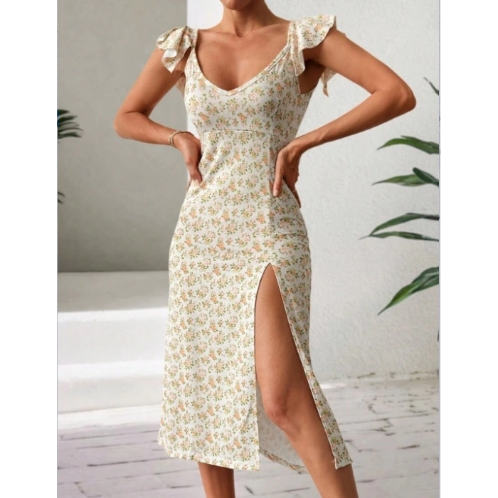 Kadın Kısa Kollu çiçek Desen Yırtmaçlı Süprem Elbise