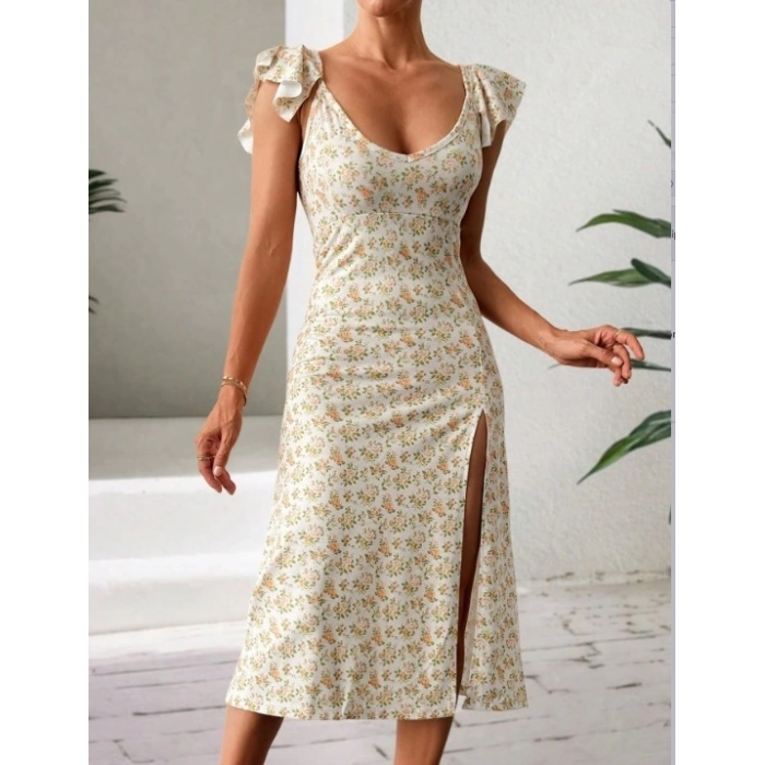 Kadın Kısa Kollu çiçek Desen Yırtmaçlı Süprem Elbise
