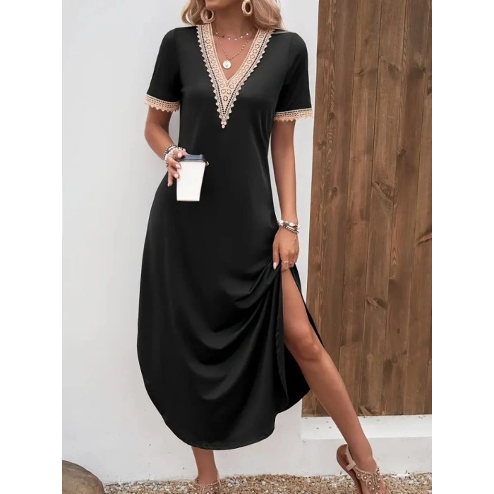 Kadın Kısa Kollu Dantel V Yakalı Uzun Viskon Elbise