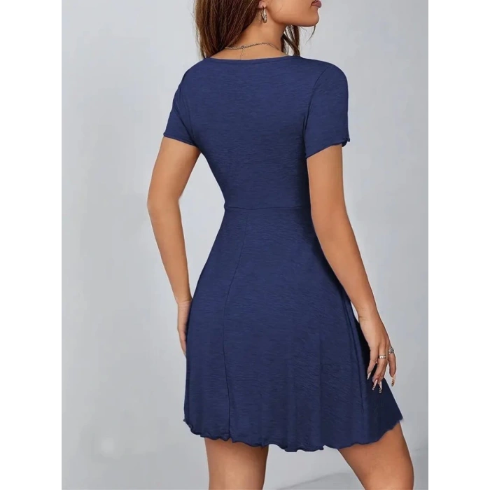 Kadın Kısa Kollu Derin Büzgülü V Yakalı Viskon Elbise