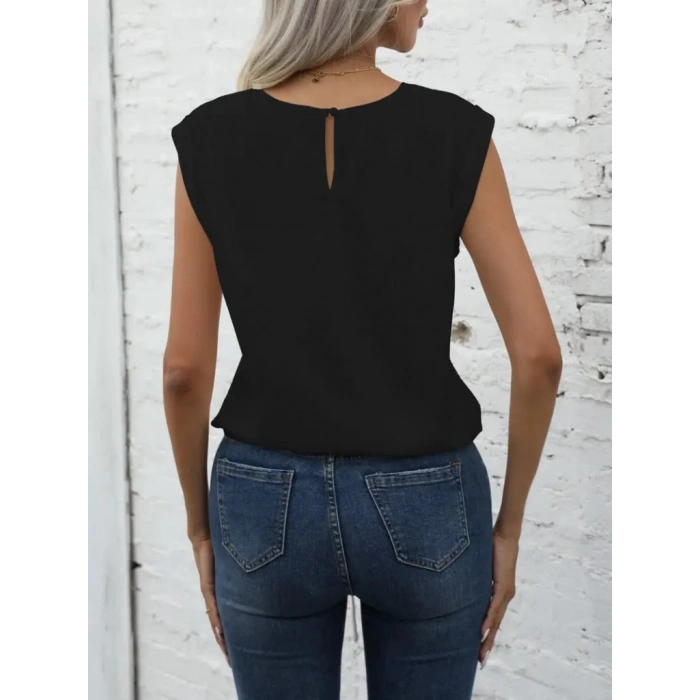 Kadın Kısa Kollu Etek Ucu Bağlama Detay Kolsuz Ithal Krep Bluz