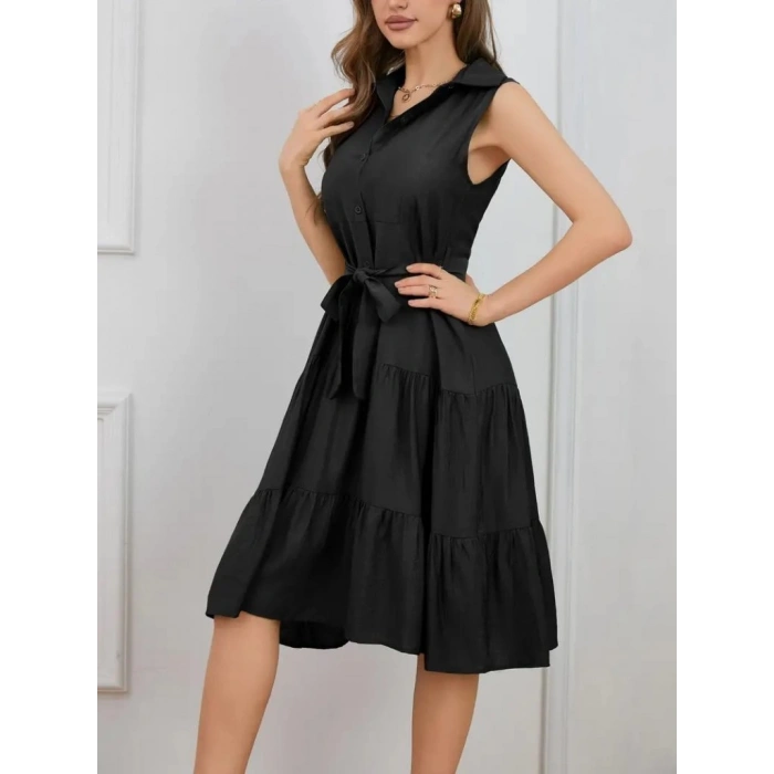 Kadın Kısa Kollu Gömlek Yaka Düğmeli Beli Kuşaklı Katlı Dokuma Midi Elbise