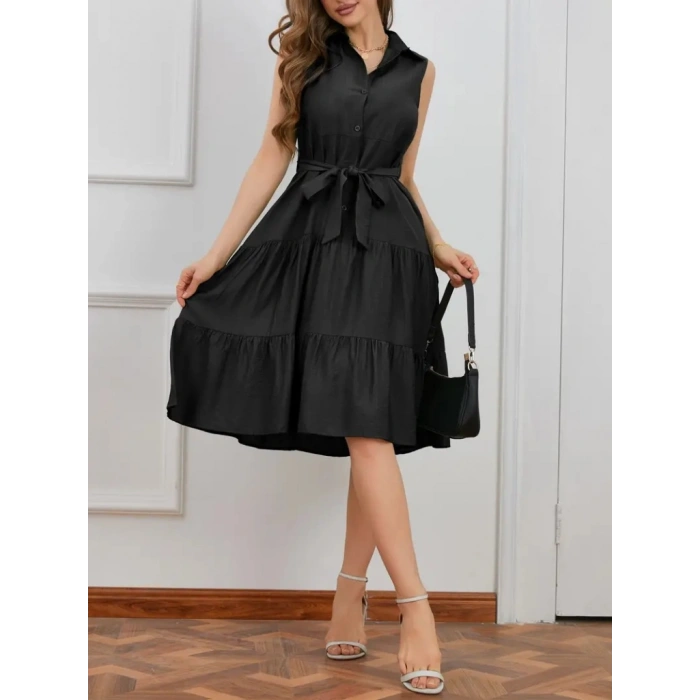 Kadın Kısa Kollu Gömlek Yaka Düğmeli Beli Kuşaklı Katlı Dokuma Midi Elbise