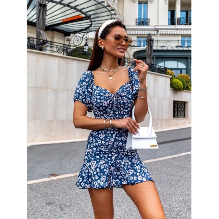 Kadın Kısa Kollu Kalp Yaka çiçek Desenli Krep Elbise