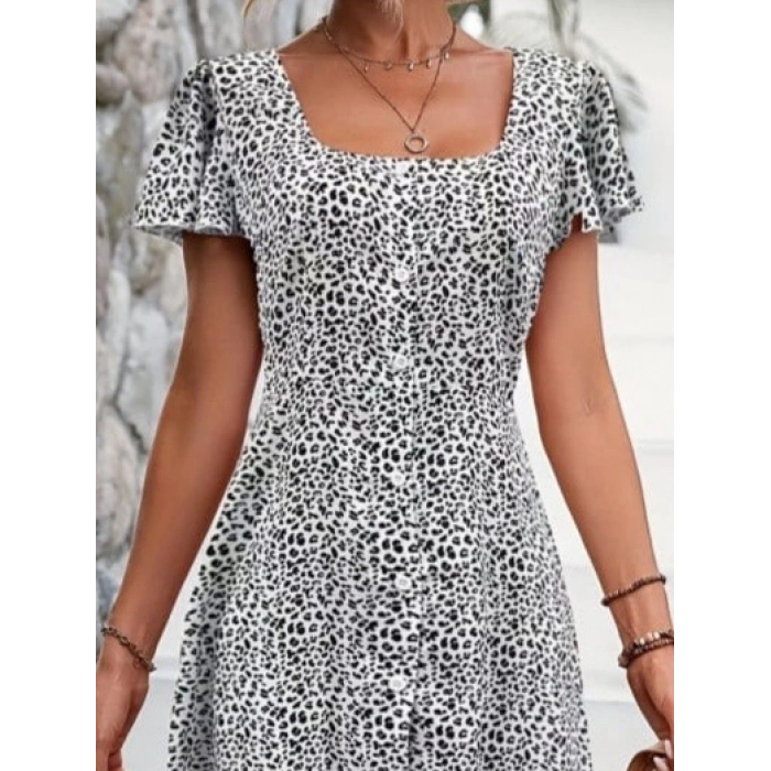 Kadın Kısa Kollu Kare Yaka önden Düğmeli çiçekli Süprem Elbise