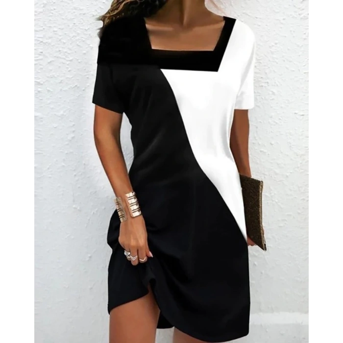 Kadın Kısa Kollu Kare Yaka Parçalı Desen Dalgıç Elbise