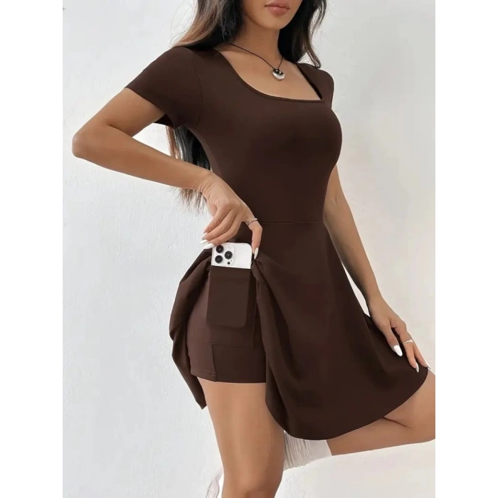 Kadın Kısa Kollu Kare Yaka Short Detaylı Cepli Dalgıç Elbise