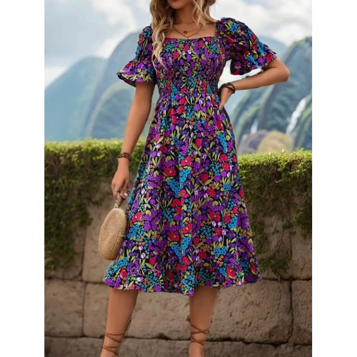 Kadın Kısa Kollu Kare Yakalı Beli Lastikli çiçek Desenli Mini Süprem Elbise