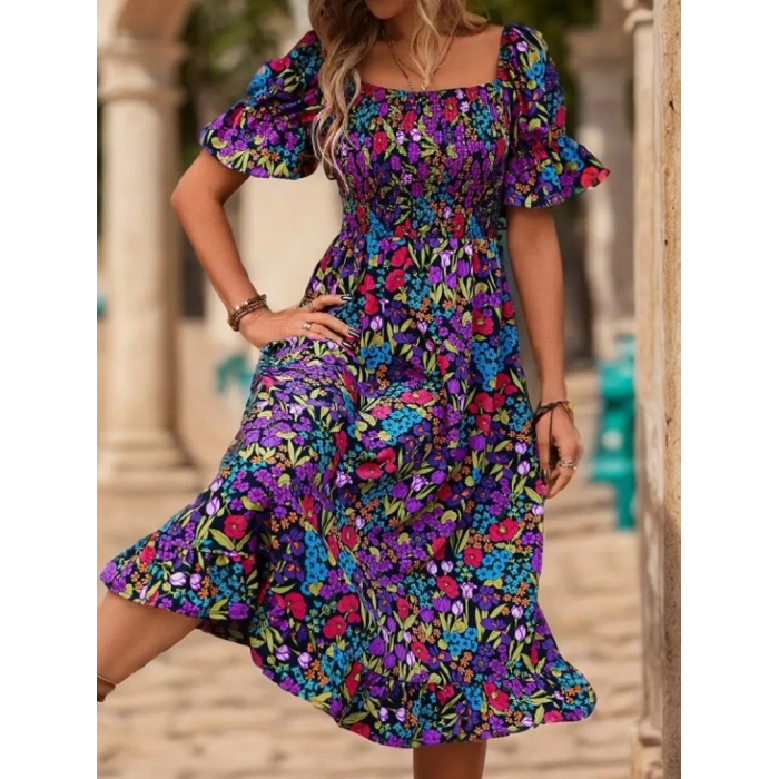 Kadın Kısa Kollu Kare Yakalı Beli Lastikli çiçek Desenli Mini Süprem Elbise