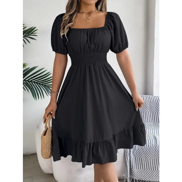 Kadın Kısa Kollu Kare Yakalı Beli Lastikli Kısa Trikoton Elbise