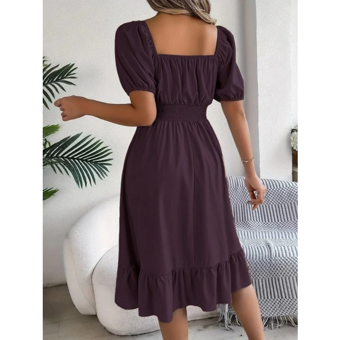 Kadın Kısa Kollu Kare Yakalı Beli Lastikli Kısa Trikoton Elbise